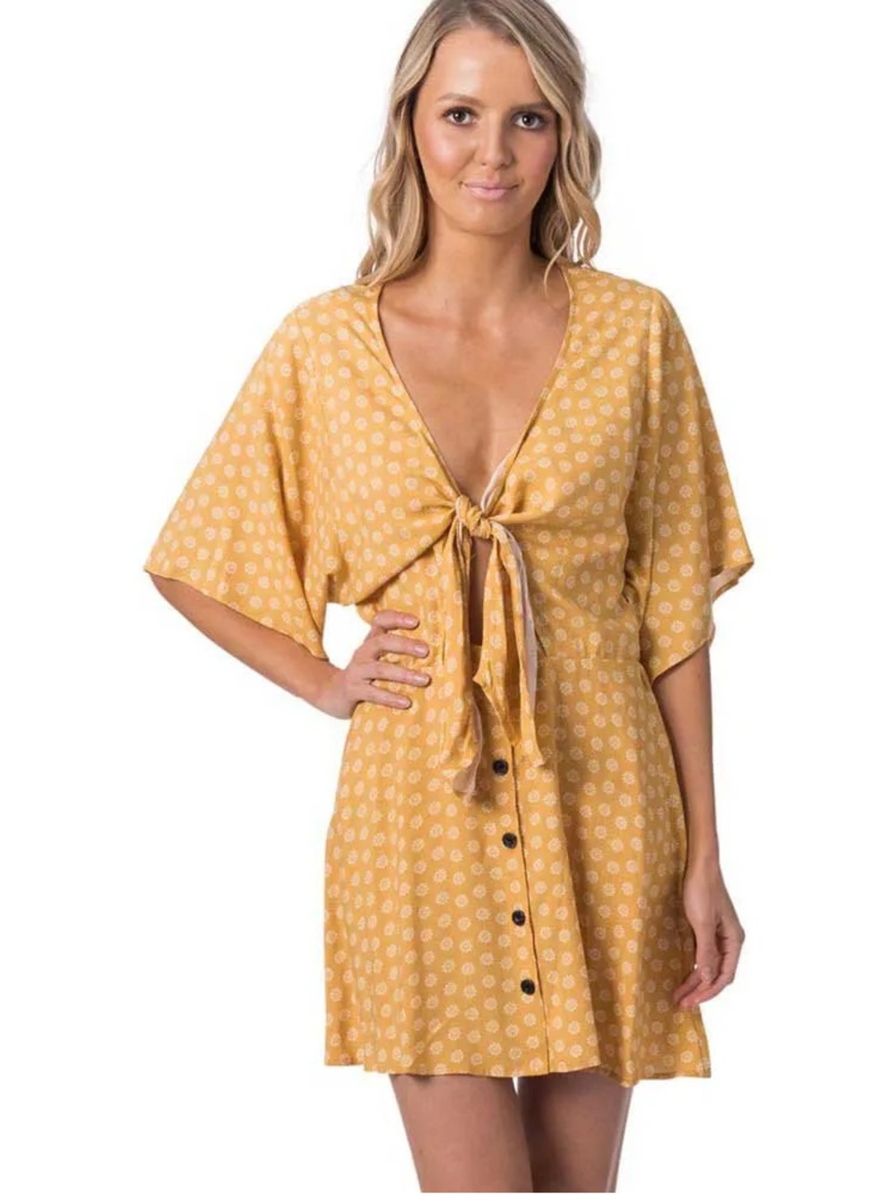 Rip Curl Coastal Tides Dress - Yellow Floral - Tie-Front Mini  - Small - EUC